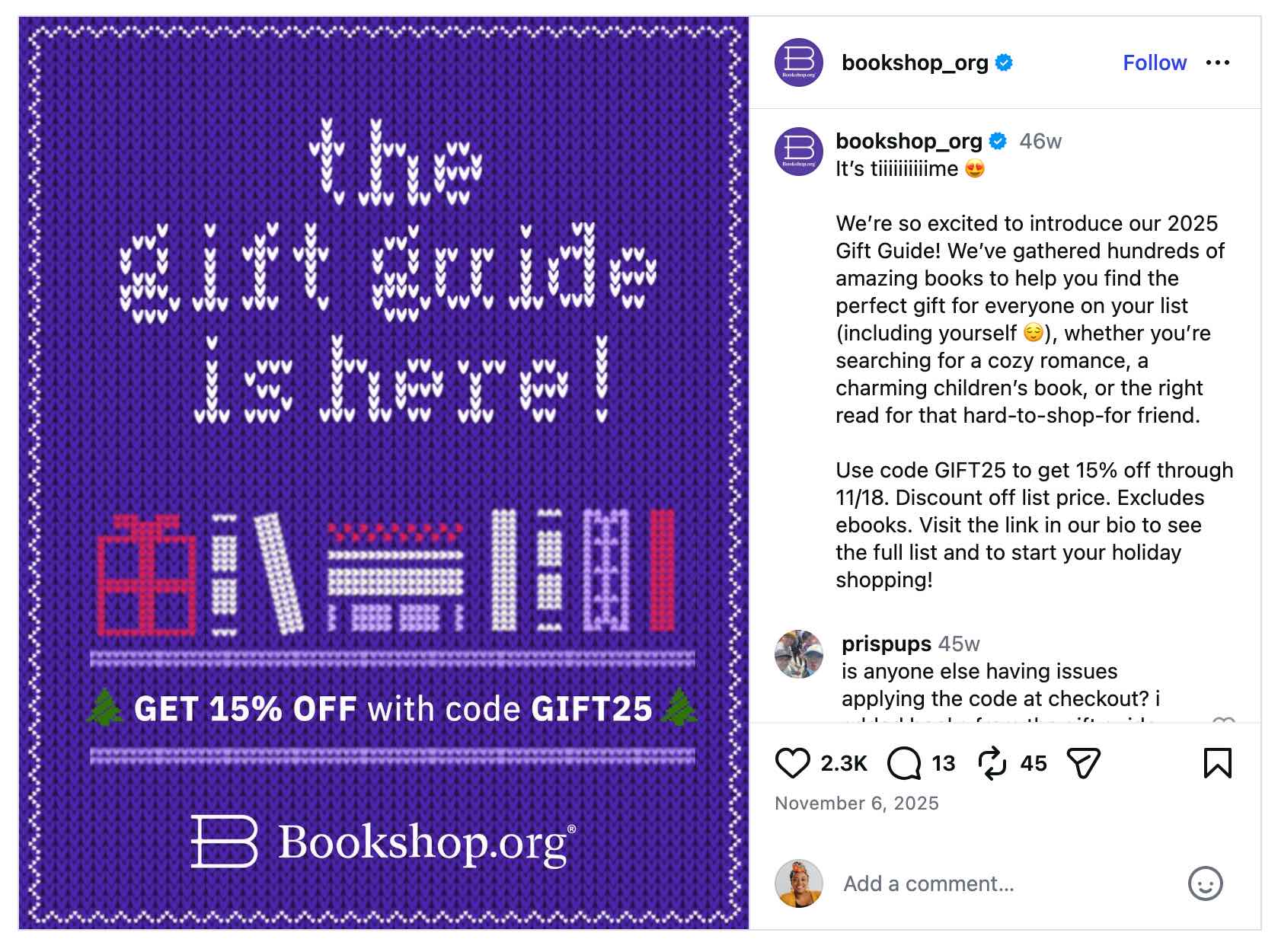 Instagram post from Bookshop.org promoting its 2025 holiday gift guide and a 15% discount code.