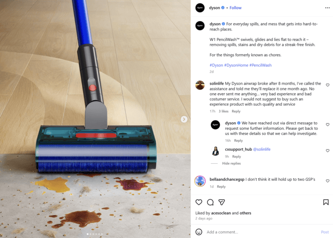 An Instagram post from Dyson. In the comment section, the brand responds to a customer complaint.
