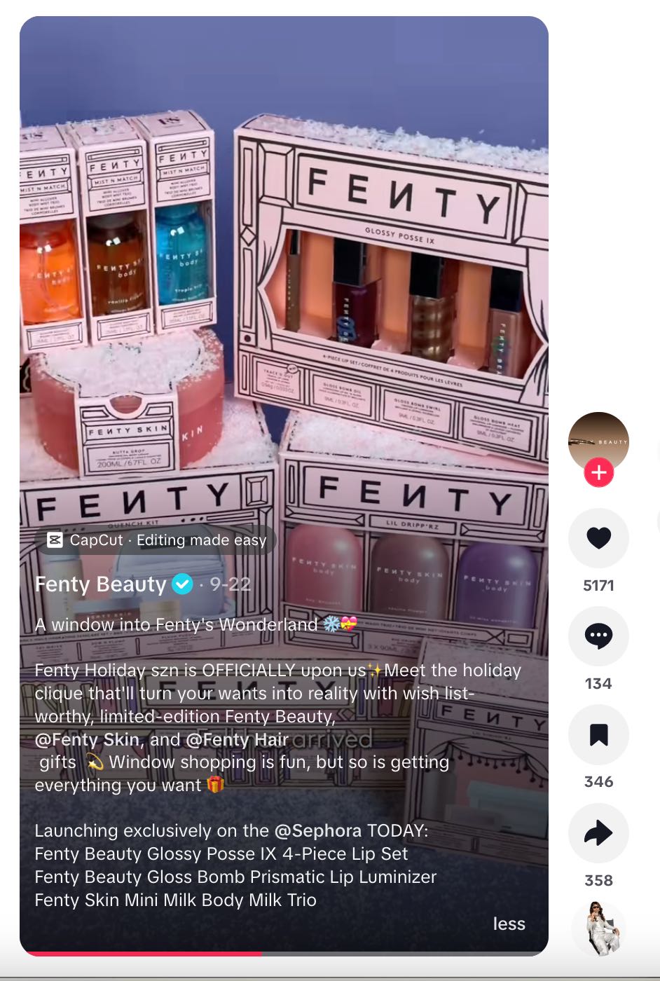 TikTok post from Fenty Beauty promoting its limited-edition 2026 holiday collection in September.