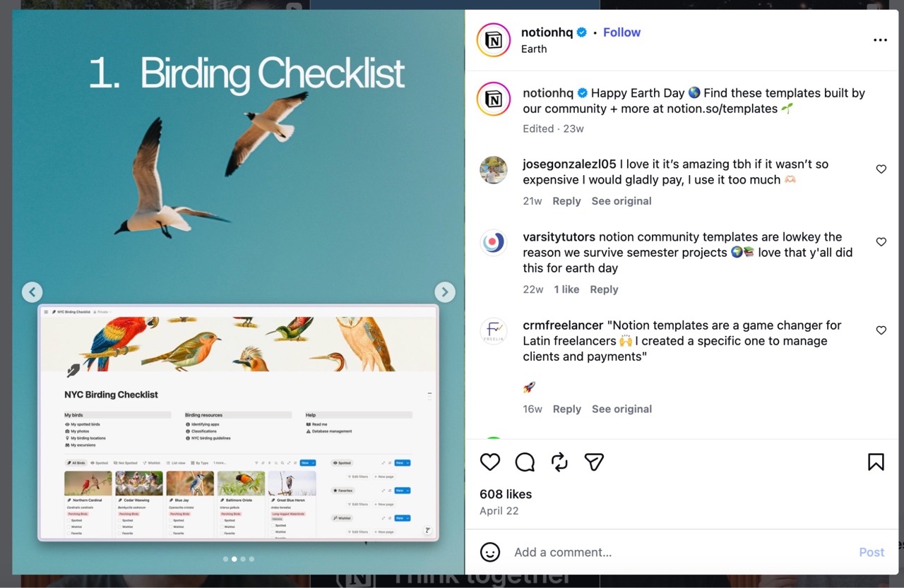 Notion’s Earth Day Instagram post showcases a community-created birding checklist, with comments sharing template experiences.