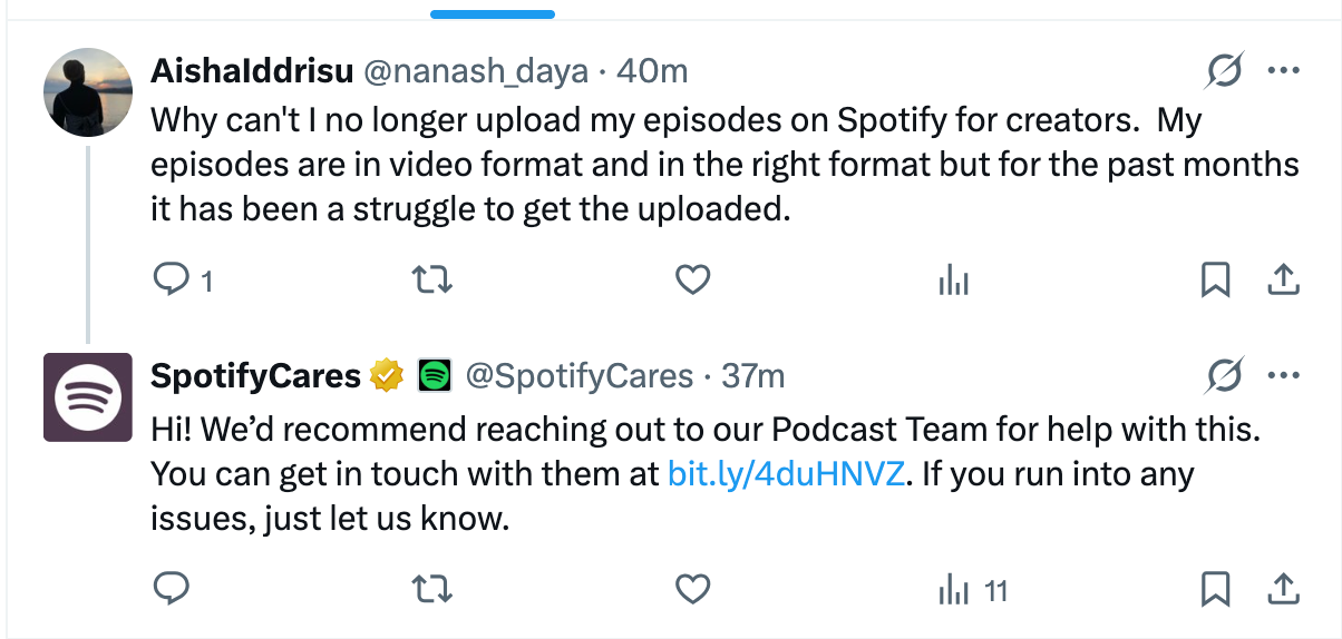 SpotifyCares replies to a creator’s upload problem on X, directing them to the Podcast Team and inviting follow-up.
