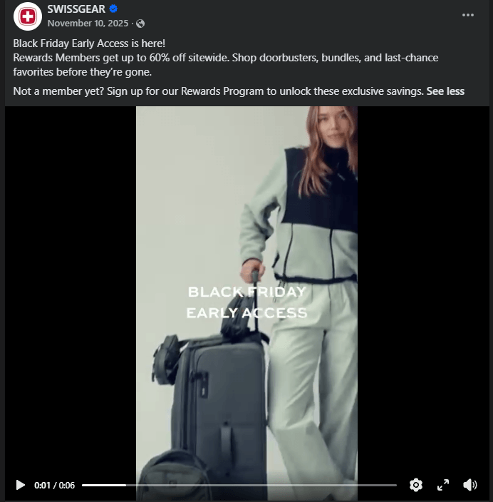 Swiss Gear’s Black Friday members’ early access announcement on Facebook