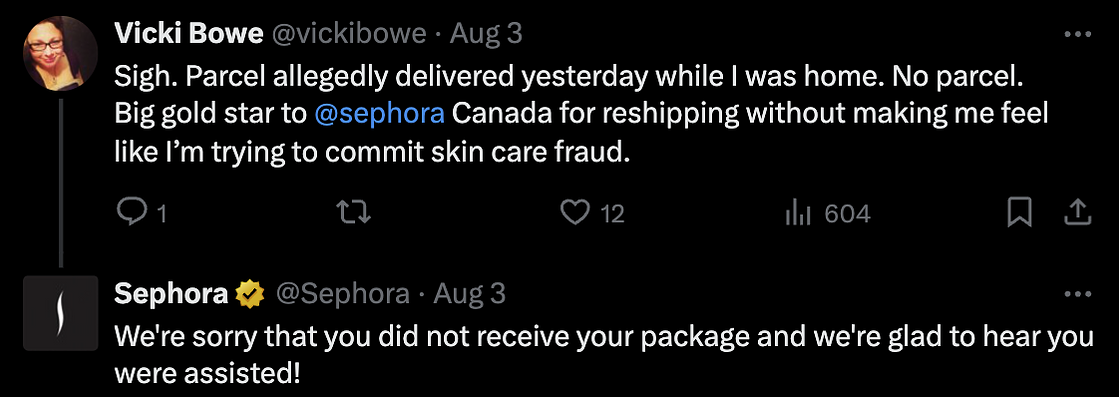 A text post on X from a user who is giving positive feedback to Sephora about how they rectified a shipping incident.