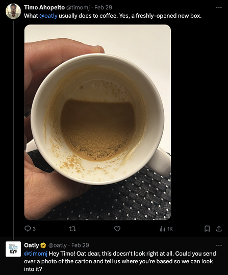 An X post from a customer to Oatly about a poor experience. Oatly's customer care team responds to rectify the situation. Post image contains a cup of coffee.