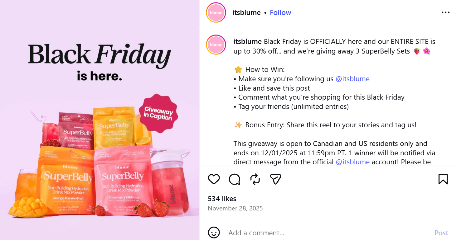 Blume’s Black Friday giveaway post on Instagram, featuring their SuperBelly product line