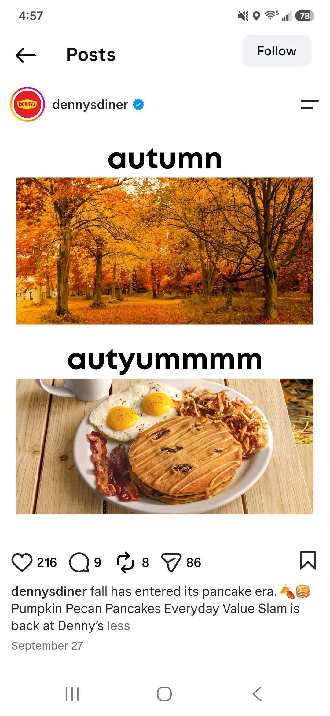 Denny's Instagram meme on the changing holidays and using a pun in the process.