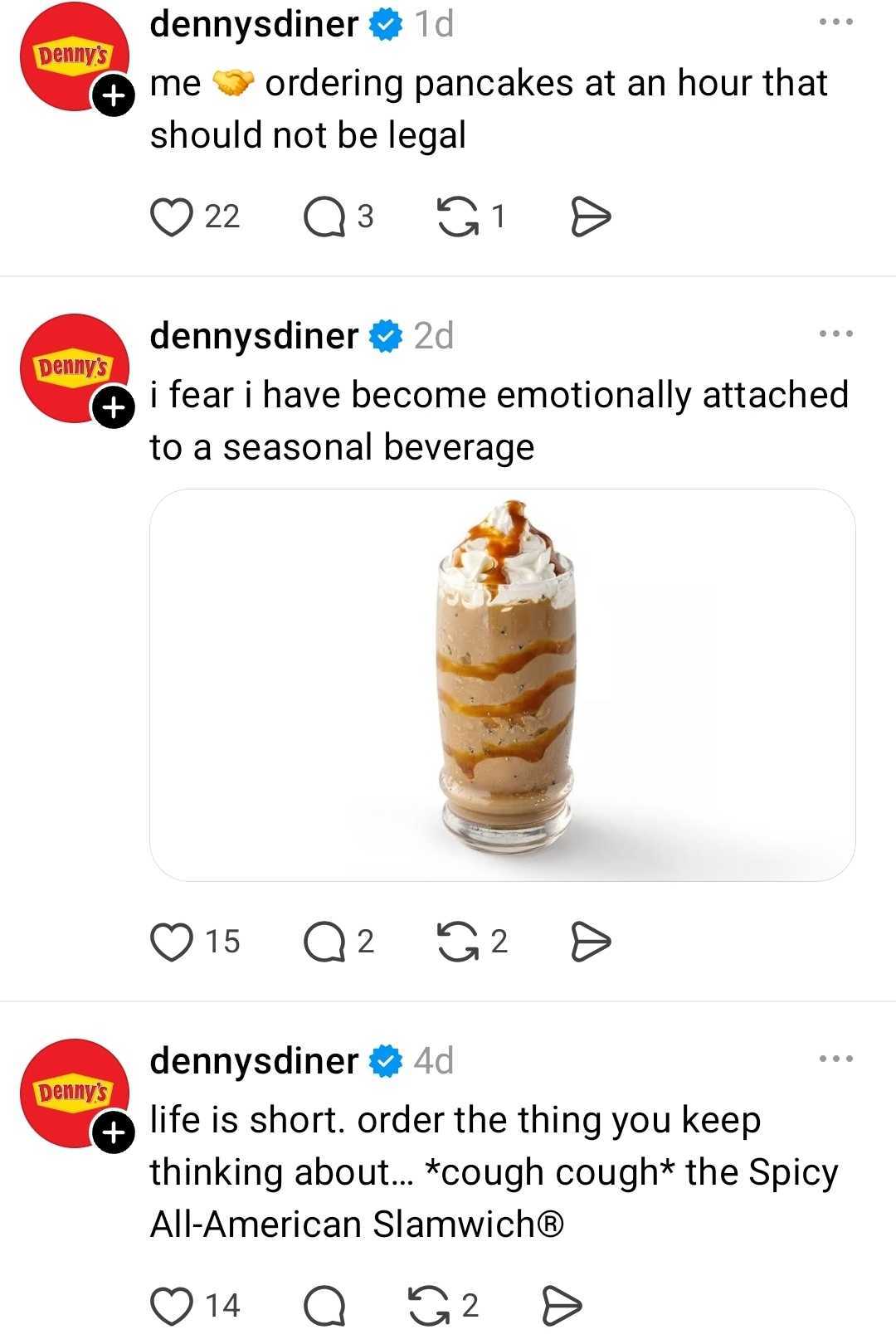 Denny's Threads app posts that are more whimsical posts and differ from Instagram.