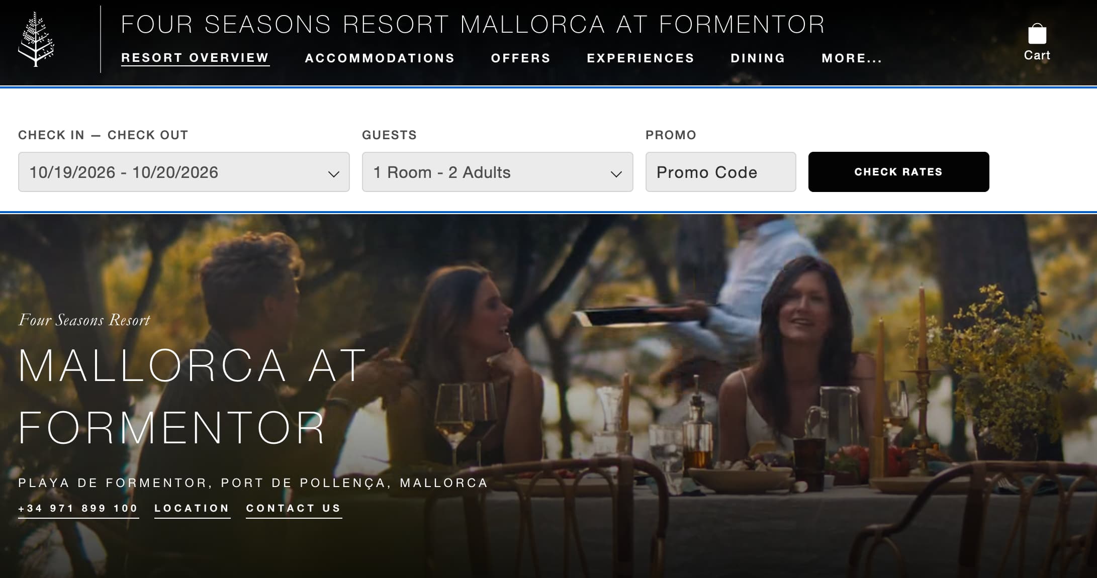 booking page for Four Seasons Mallorca featuring fields for check in and check out, number of guests and promo code