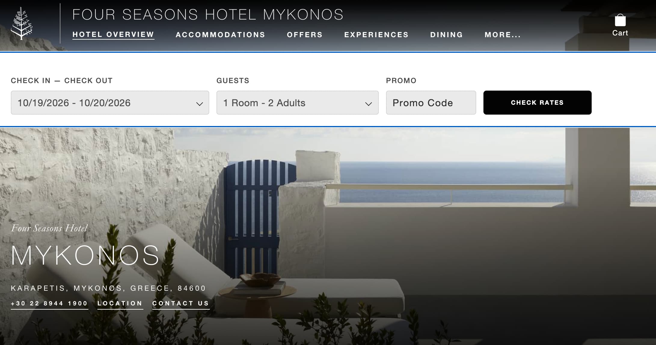 booking page for Four Seasons Mykonos showing fields for check in and check out, number of guests and promo code