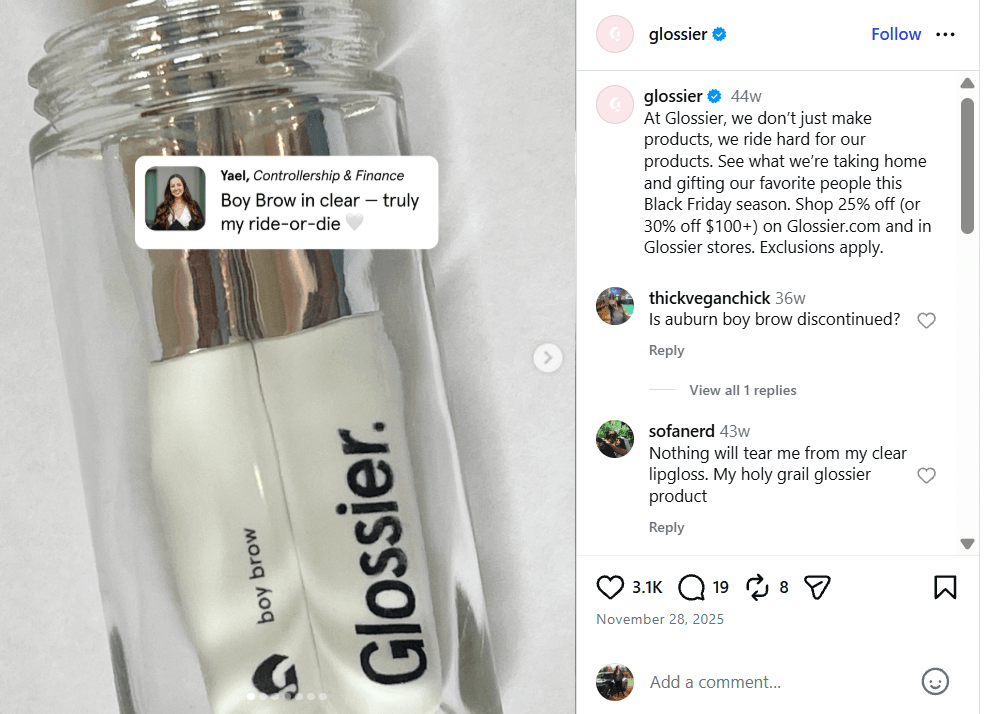 Glossier’s Black Friday employee post on Instagram