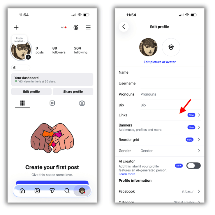 Instagram profile showing the edit profile and links buttons