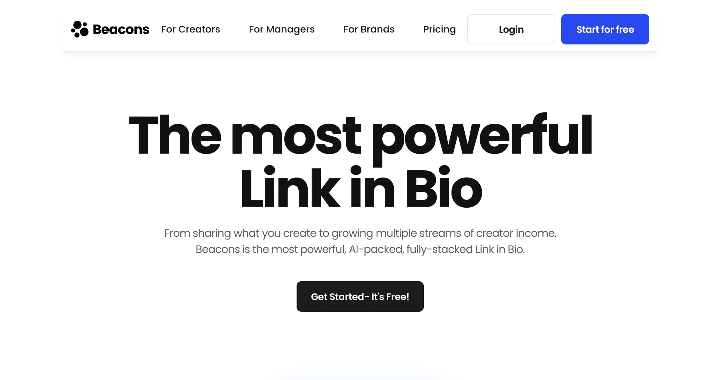 Beacons homepage with headline that reads "the most powerful link in bio"