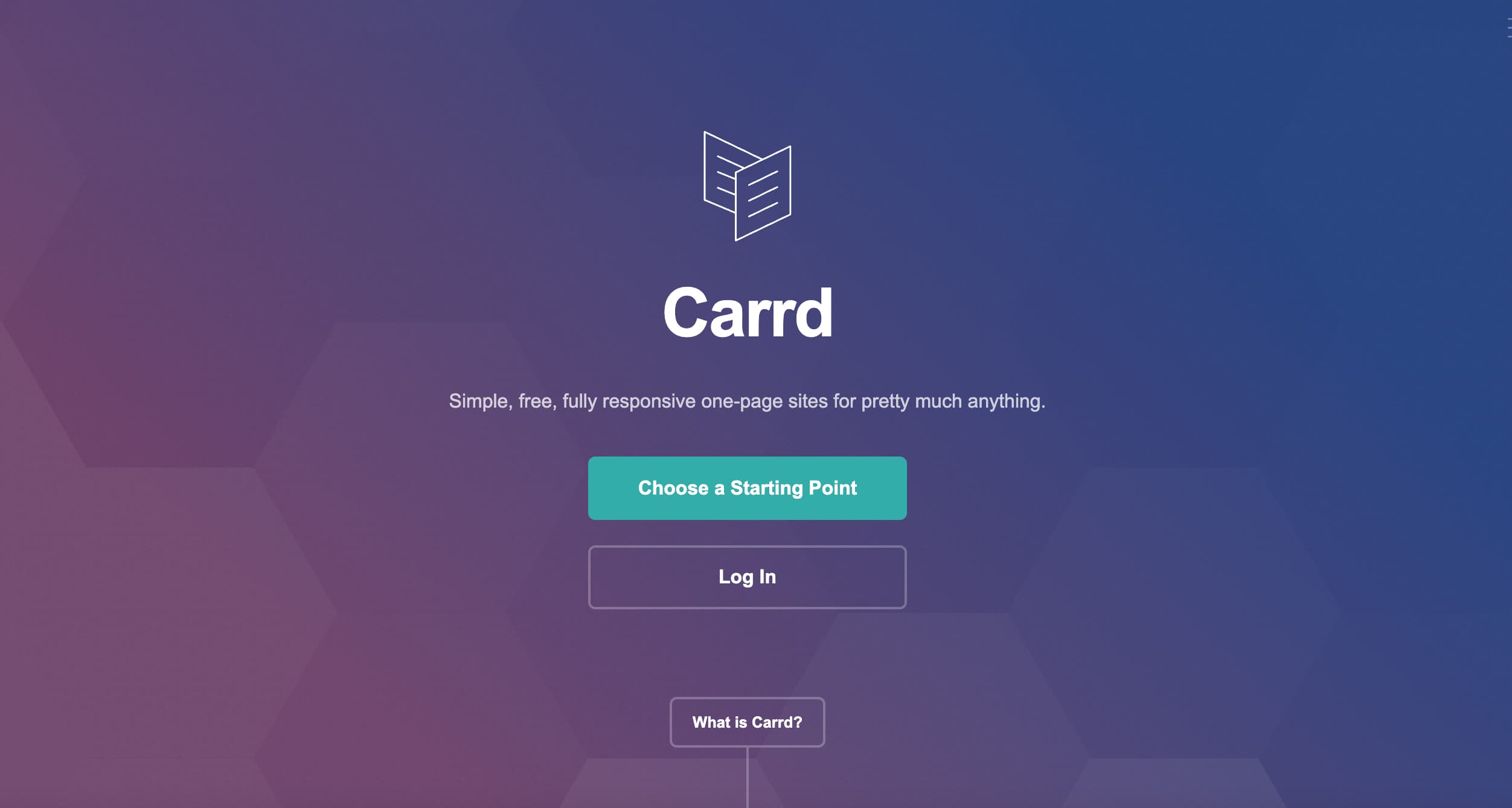Carrd homepage showing the brand logo and text that reads "simple, free, fully responsive one-page sites for pretty much anything"