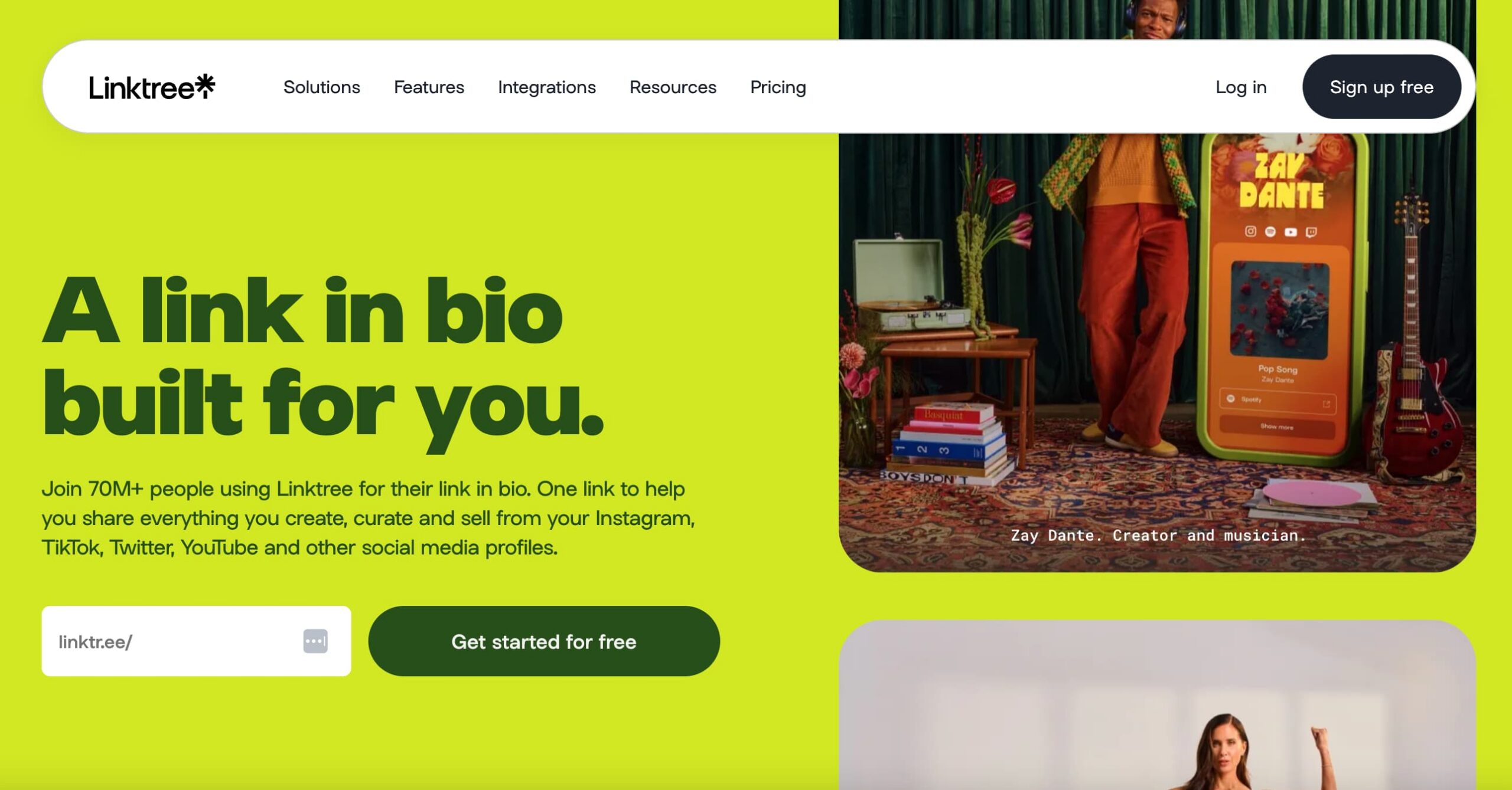 Linktree landing page showing pictures of real users and a headline that reads "a link in bio built for you"