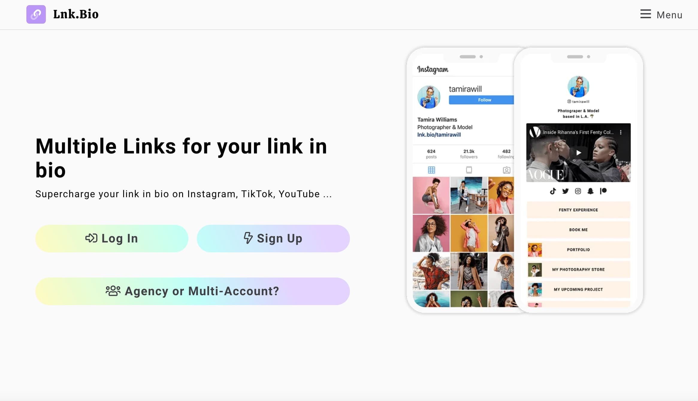 Lnk.Bio homepage showing a sample profile and page and a headline that reads "multiple links for your link in bio"