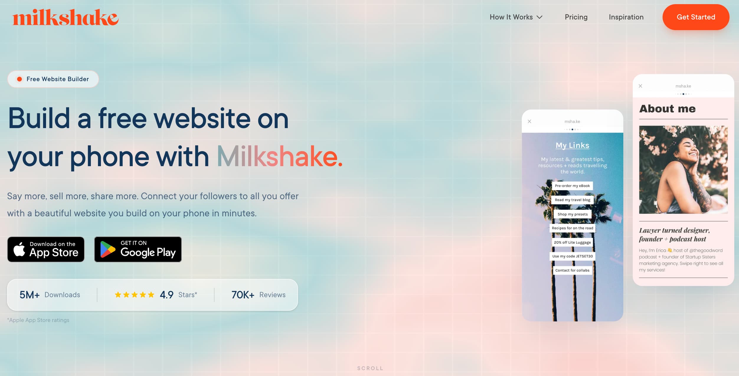 Milkshake homepage showing two sample pages and headline that reads "build a free website on your phone with Milkshake"