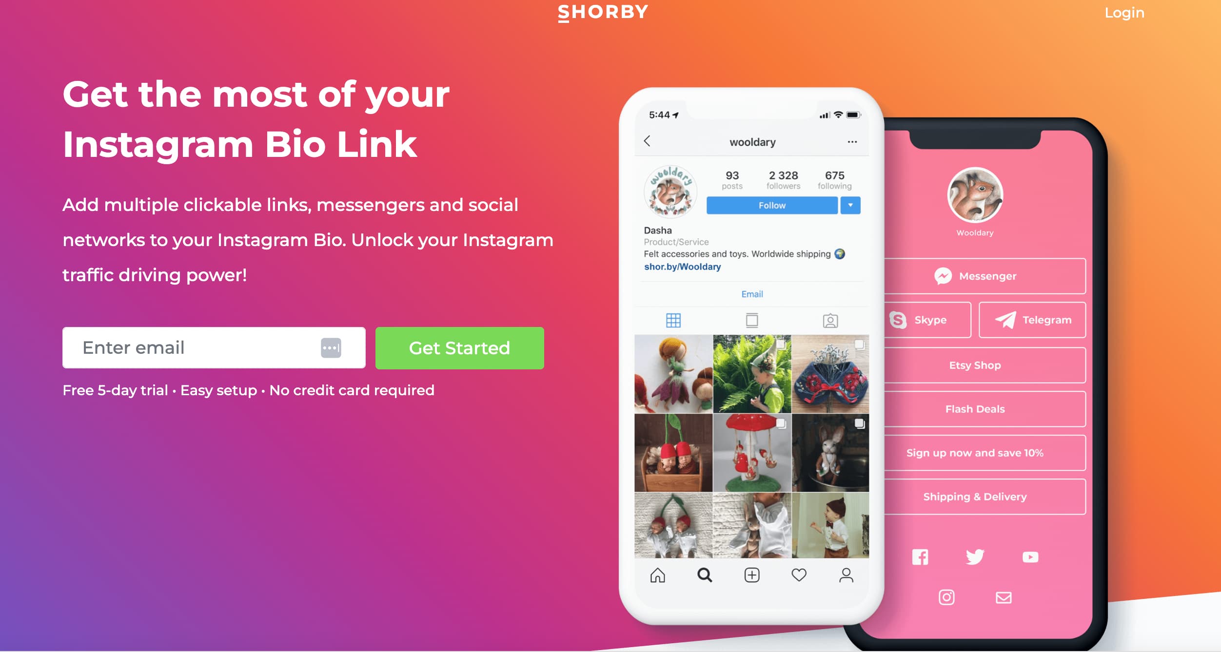 Shorby homepage showing a sample Instagram profile and Shor page and headline that reads "get the most of your Instagram bio link"