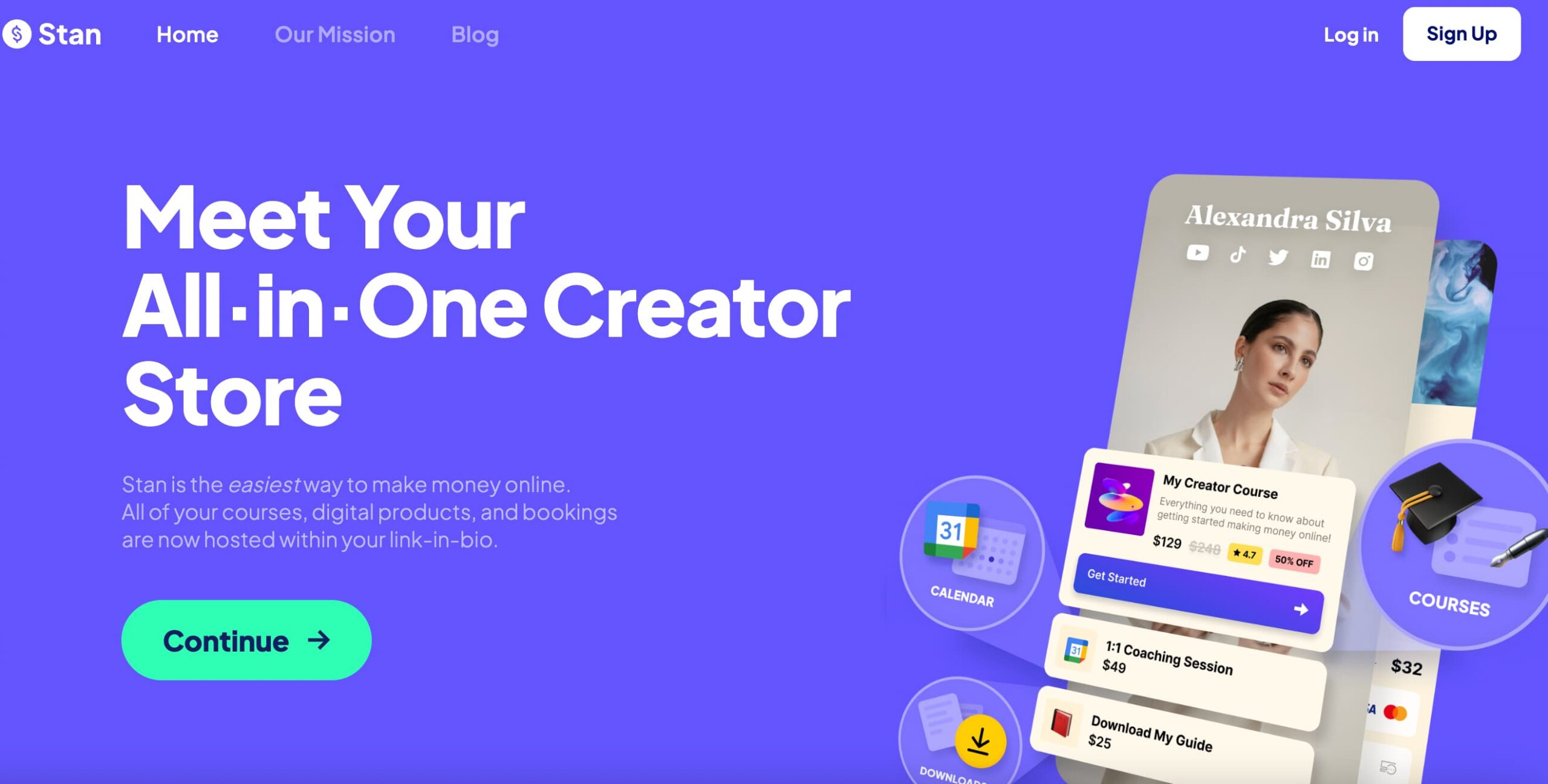 Stan Store homepage showing a sample page and a headline that reads "meet your all-in-one creator store"