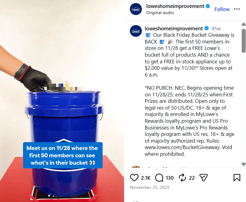 Lowe’s bucket giveaway post on Instagram
