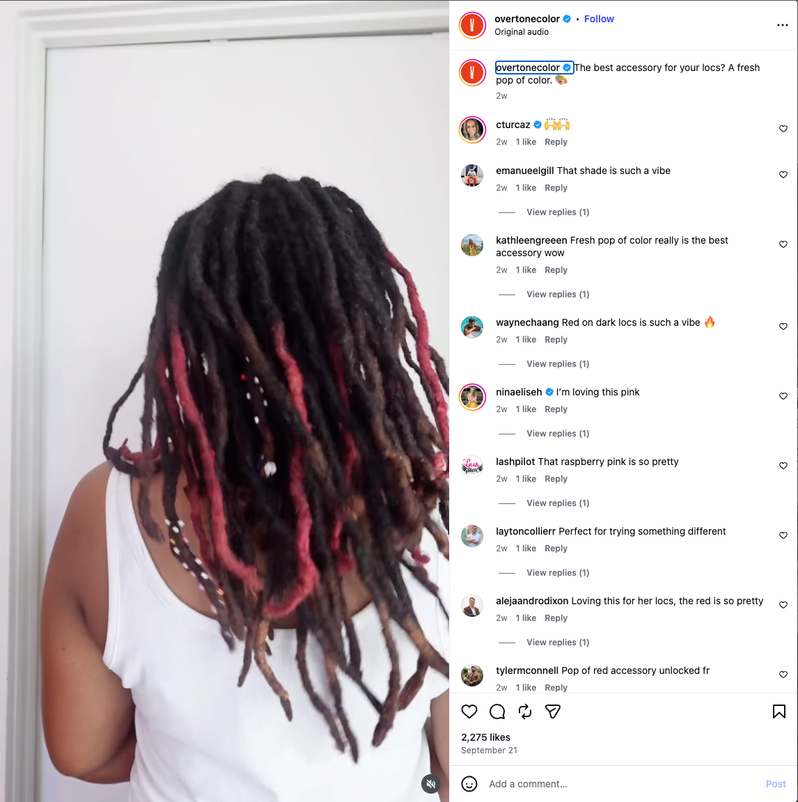 Overtone Instagram post about maintaining dye color on locs.