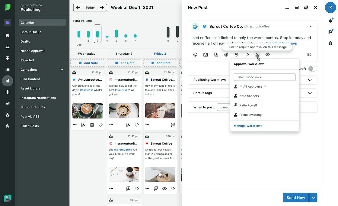 Sprout compose message with approver