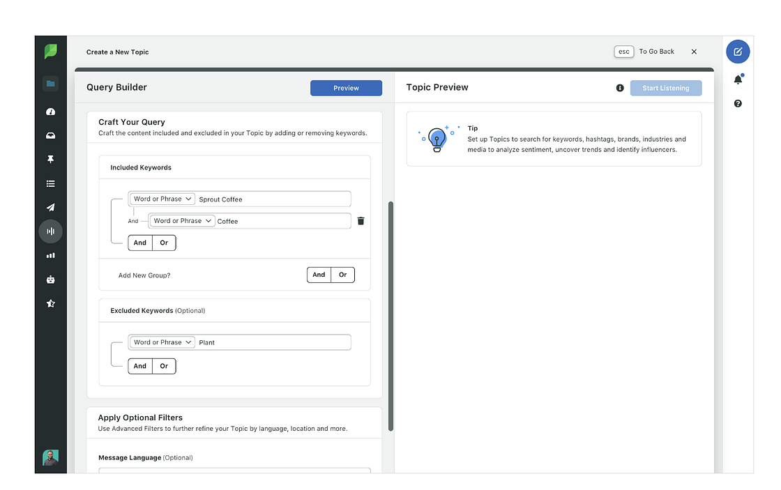 Sprout Social sentient analysis query builder
