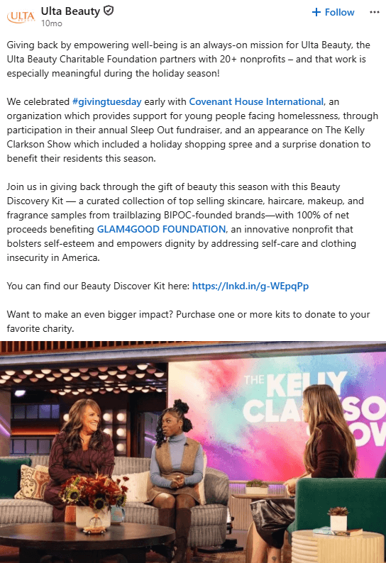 Ulta Beauty’s Giving Tuesday announcement on LinkedIn