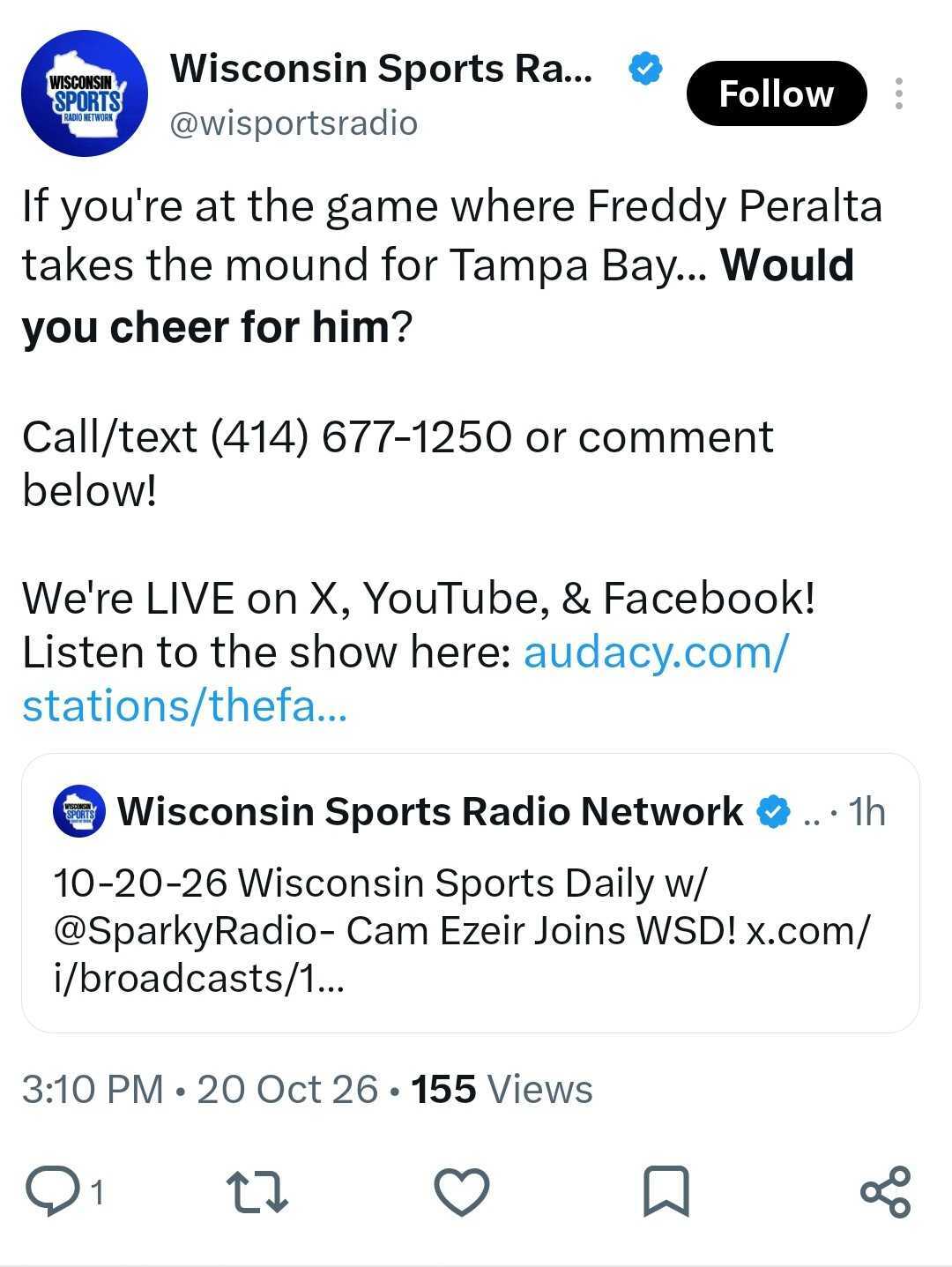 Wisconsin Sports Radio using their X profile to promote they're live on X, YouTube and Facebook to talk about the Brewers in the World Series.