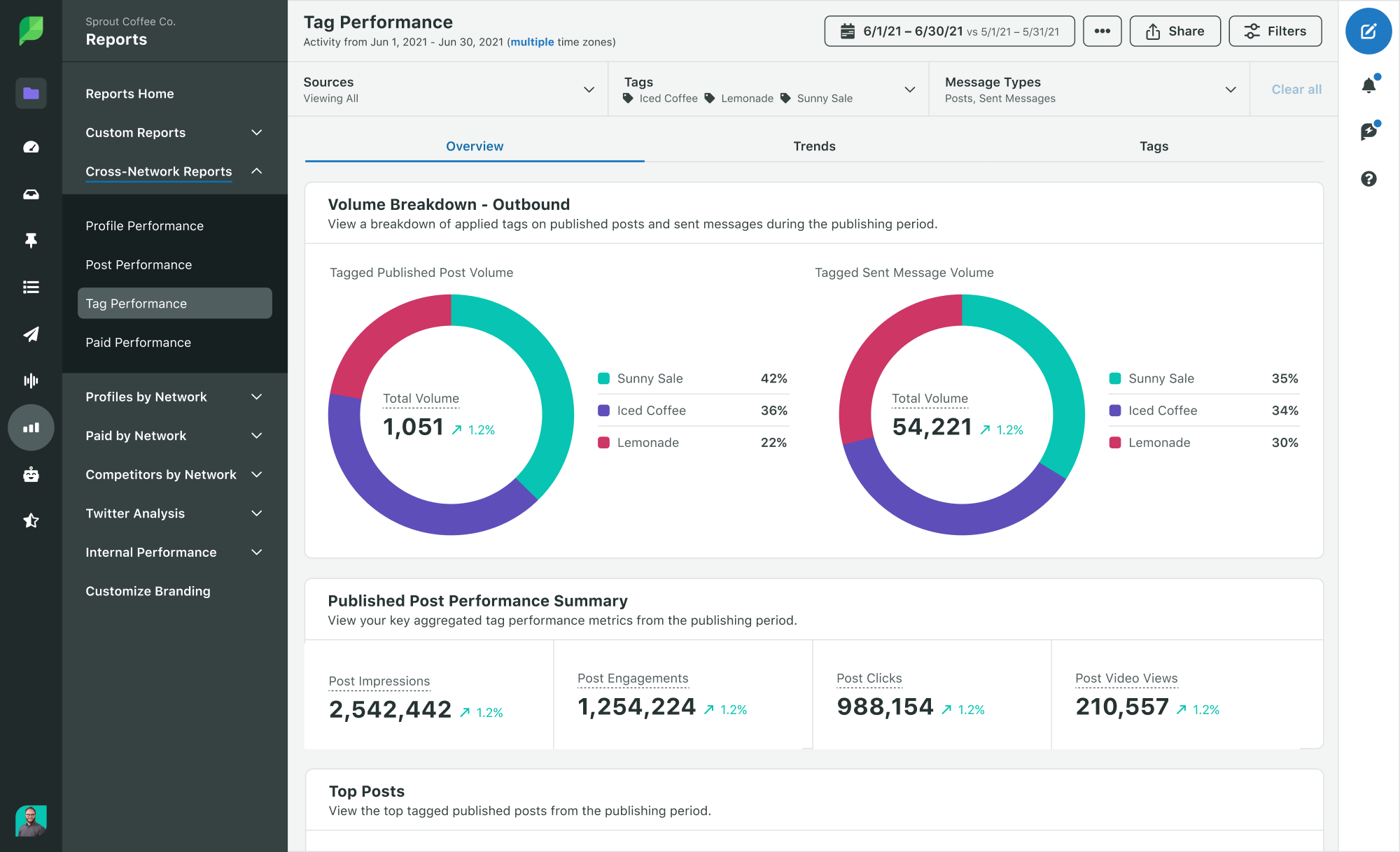 graphs showing the volume breakdown and published post performance summary for different tags