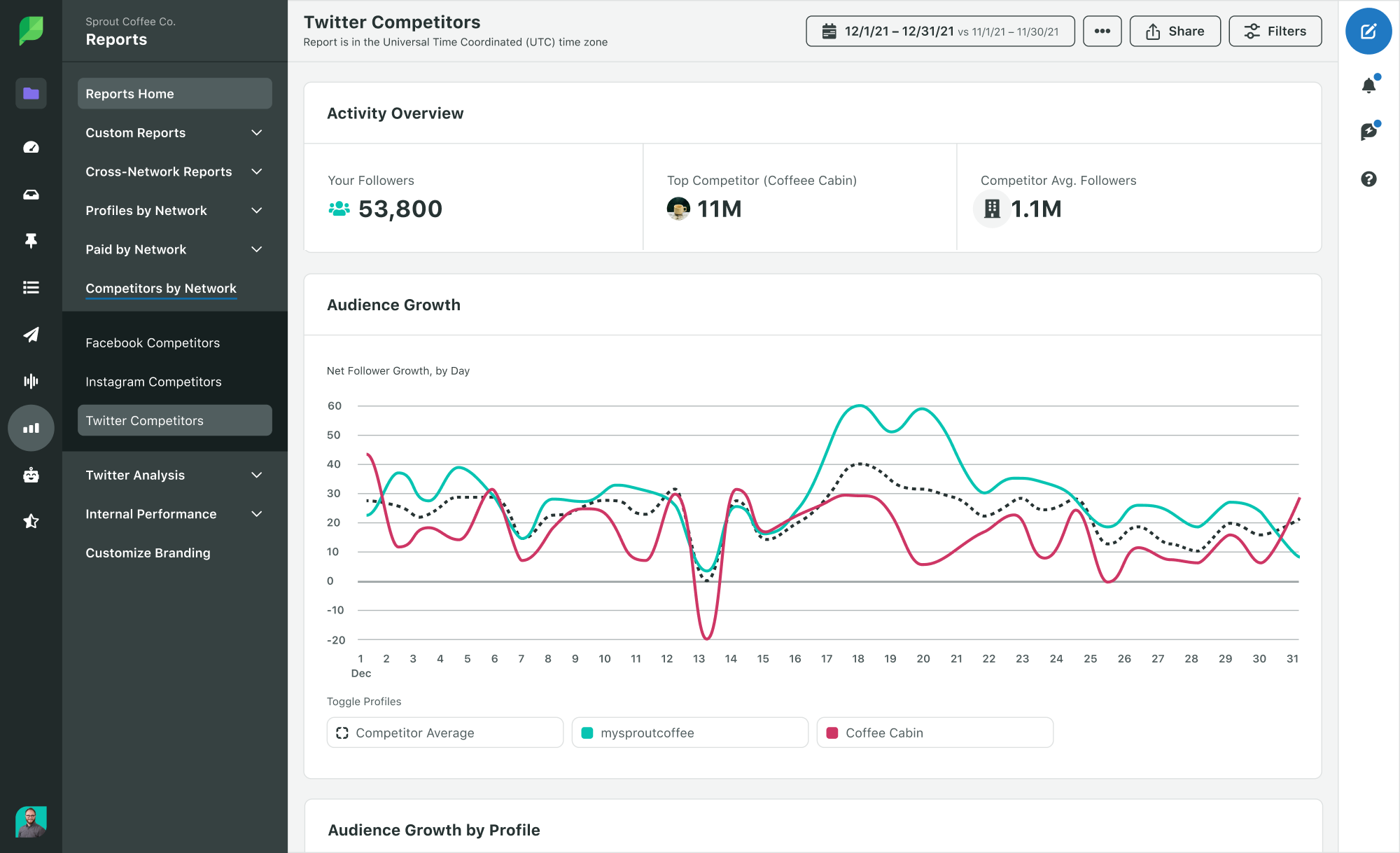 twitter competitors report with an activity overview and a graph comparing audience growth