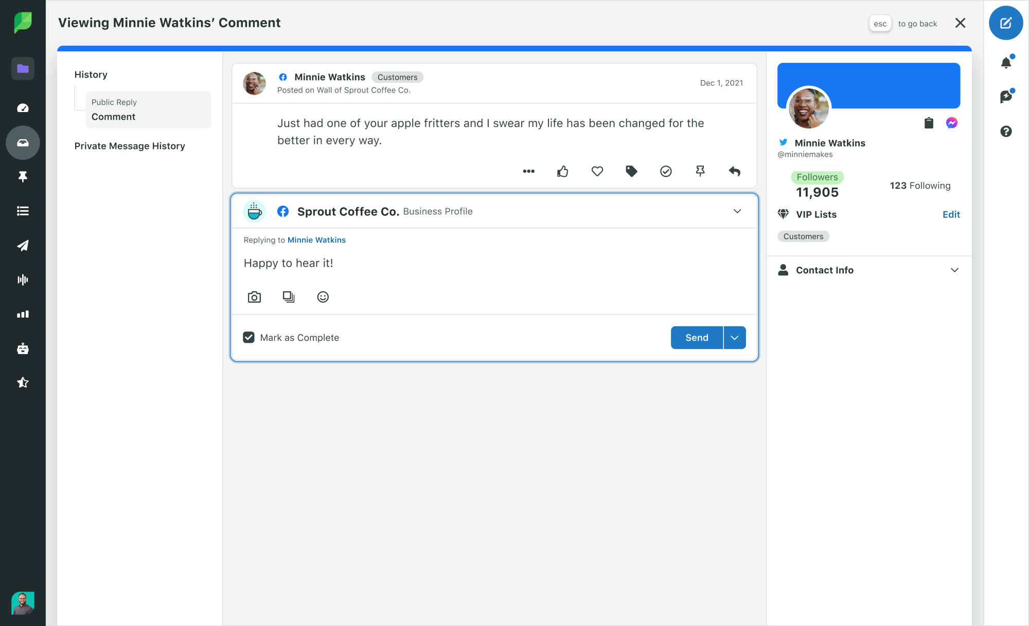 sprout inbox - facebook comment reply