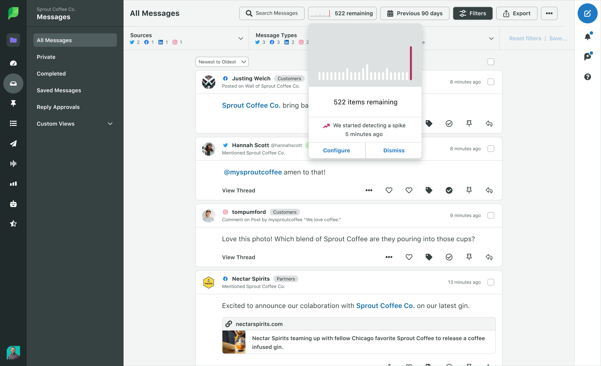 Sprout Social's dashboard shows message spike detection. In the image you can see the Smart Inbox and a message alert that reads: We started detecting a spike 5 minutes ago.