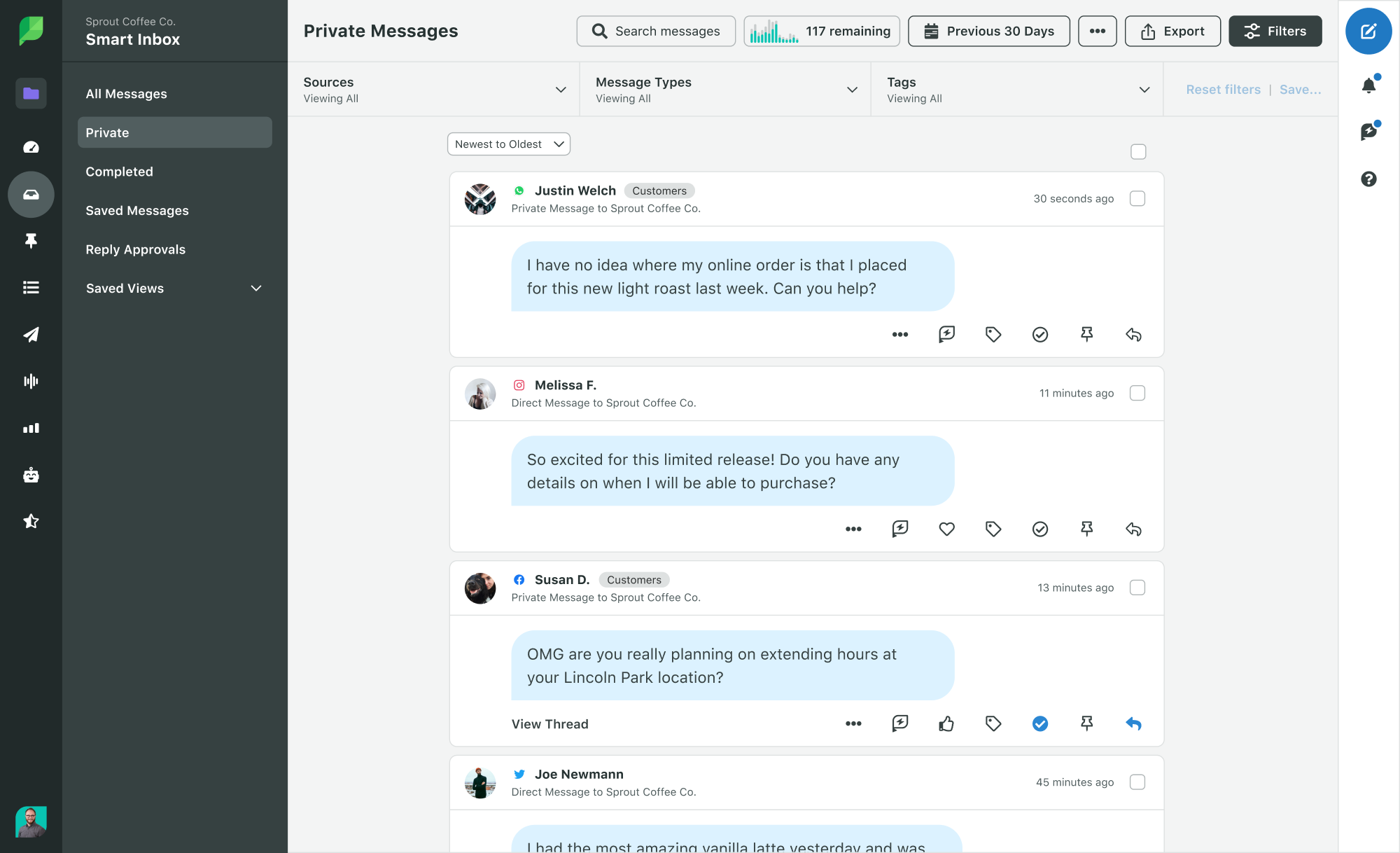 Sprout Social Smart Inbox dashboard showing a list of messages from multiple platforms