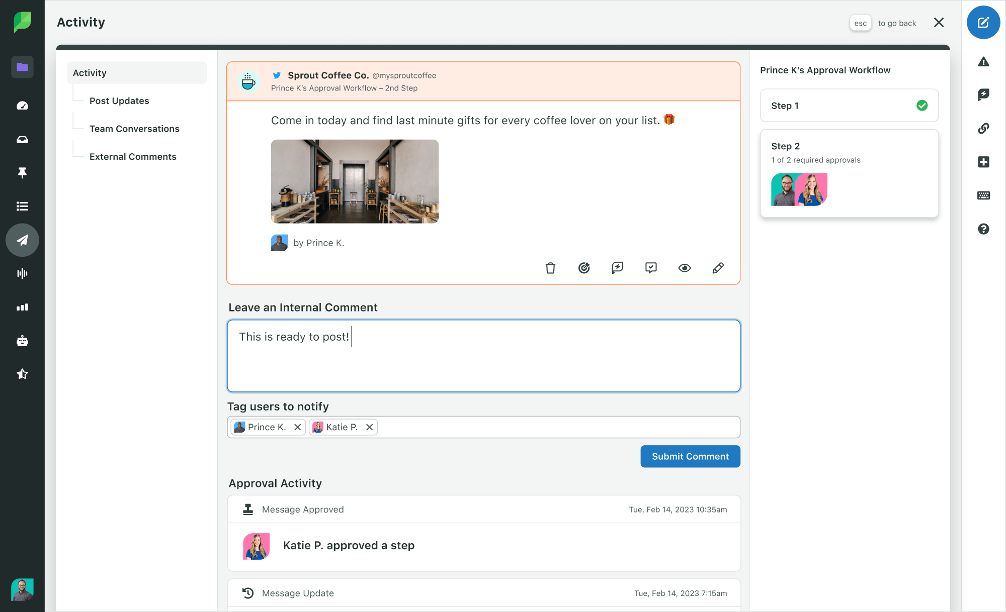 Screenshot of the Sprout Social internal approval workflow that includes leaving internal comments.