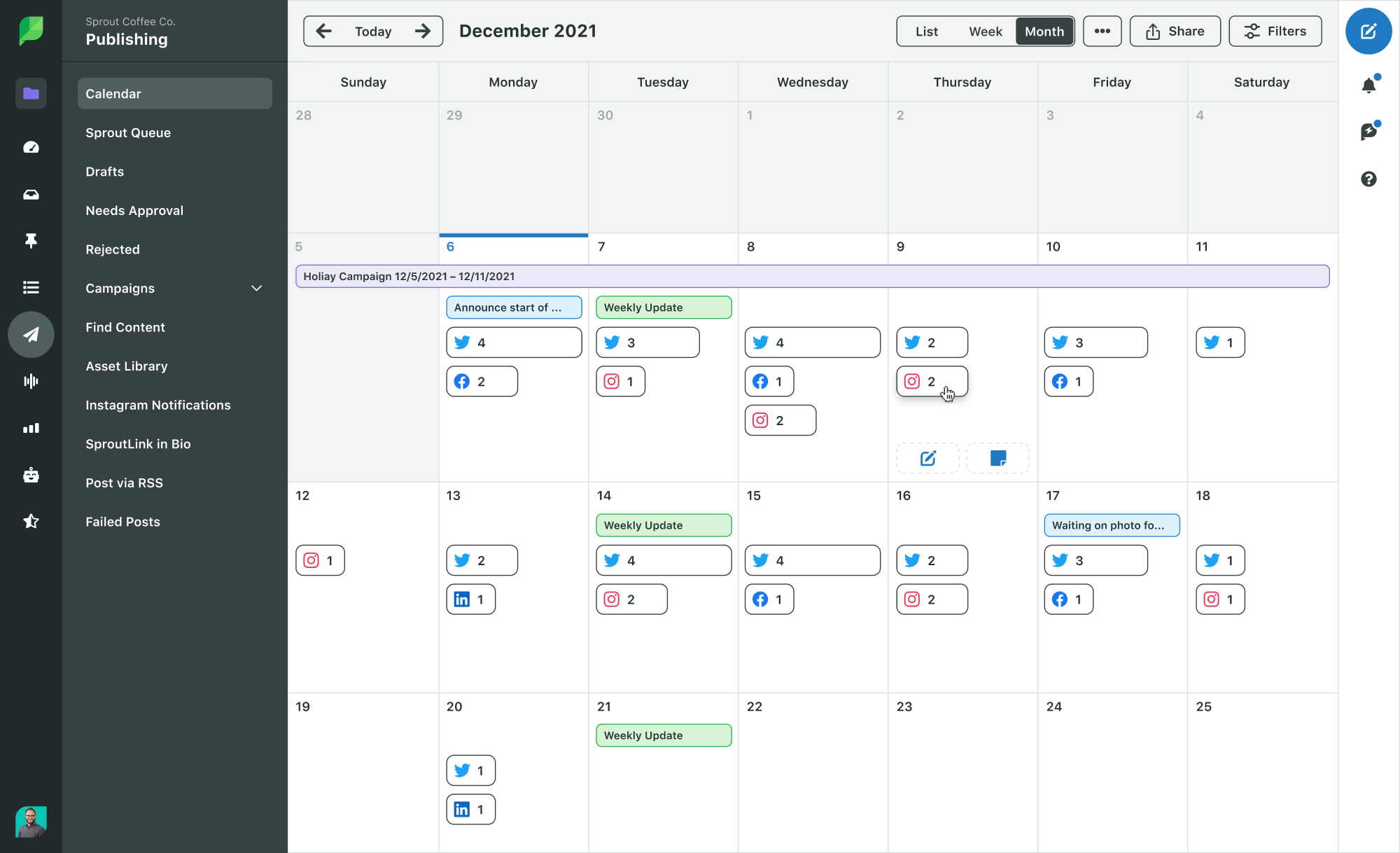 Screenshot of the Sprout Social Publishing Calendar in the month view, where you can see the number of social media posts you have scheduled across the month and platforms.