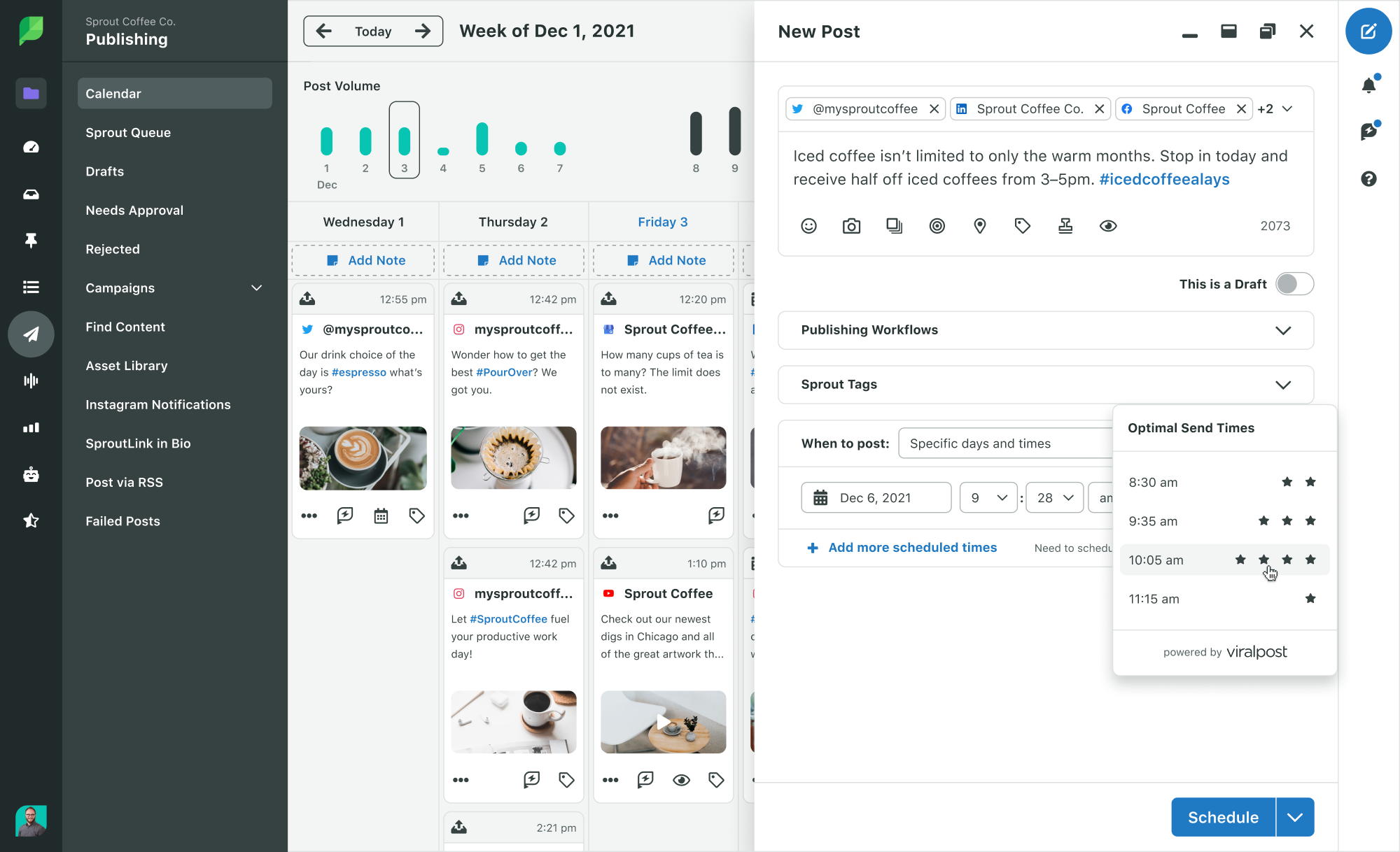 Screenshot of the Sprout Social Publishing Calendar view with a Compose pop-out window showcasing the Optimal Send Times feature.