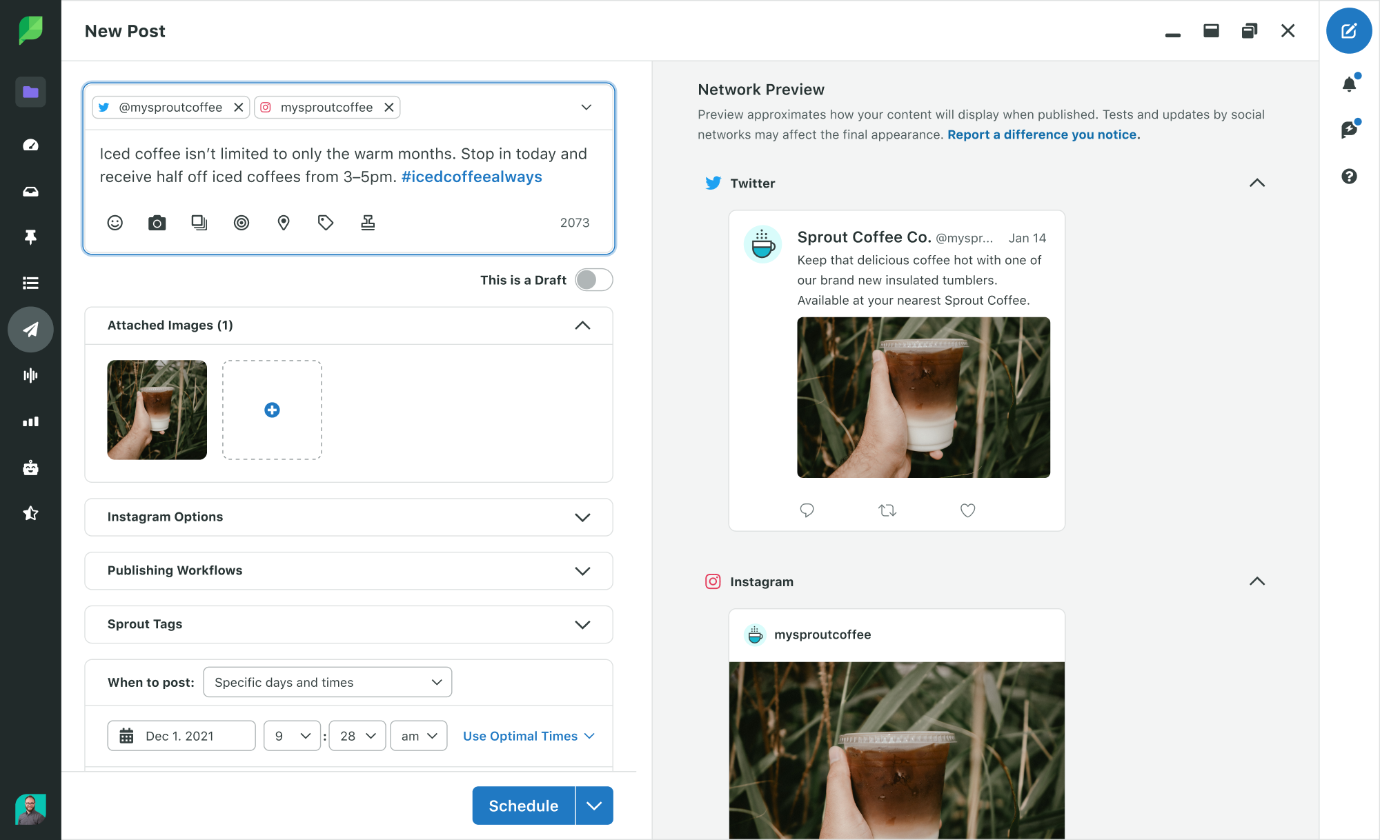 Preview Twitter and Instagram posts with Sprout Social's compose preview feature