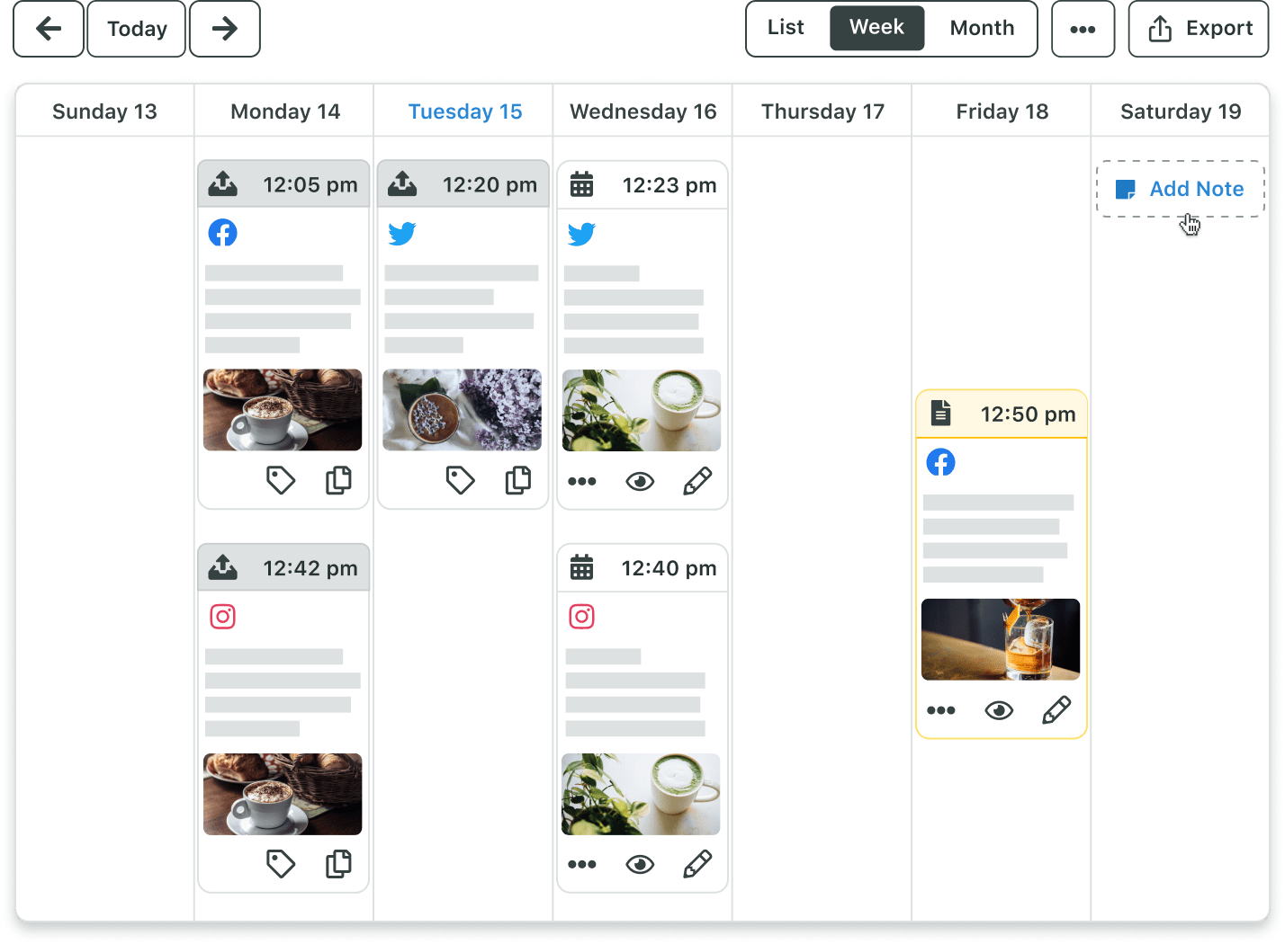 A visualização semanal do Calendário de Publicações do Sprout apresenta uma visão geral de todos os posts agendados, com a opção de exibir, etiquetar e editar conteúdos.